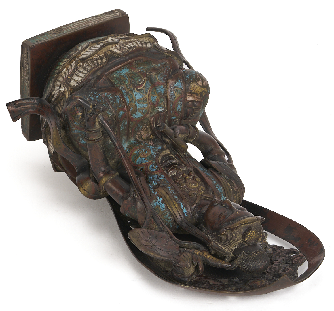 Lot 10: Chinese Bronze & Champleve Statue, Guanyin w/ Foo Dog & Carved Stand