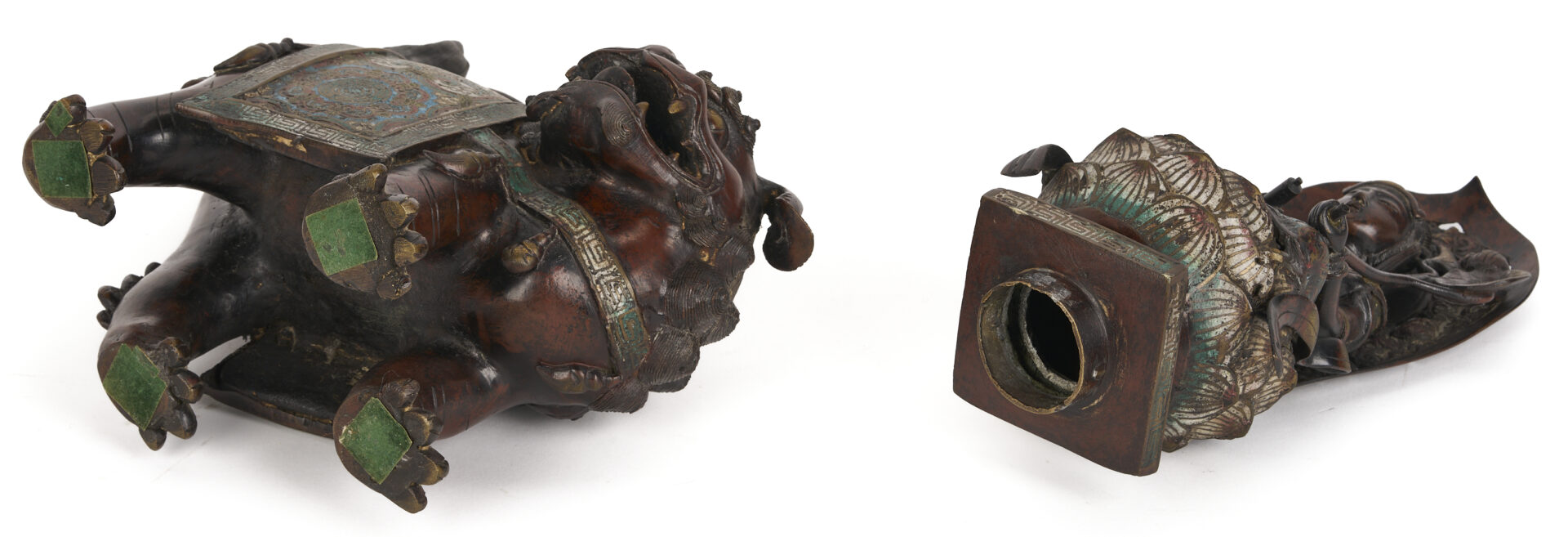 Lot 10: Chinese Bronze & Champleve Statue, Guanyin w/ Foo Dog & Carved Stand