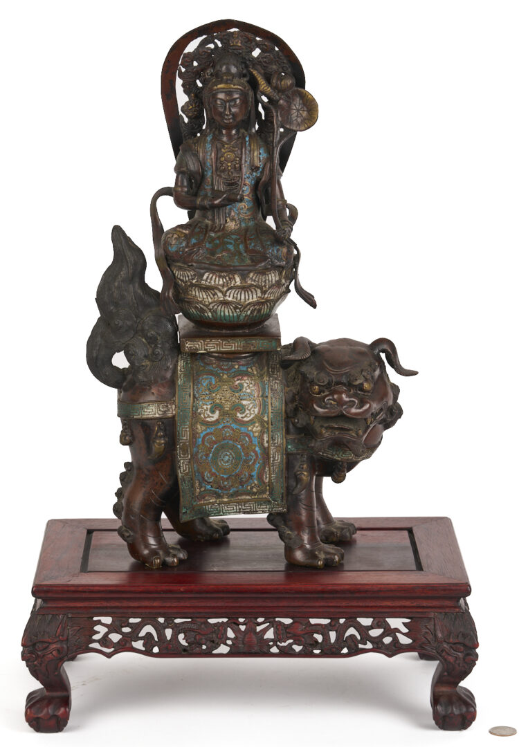 Lot 10: Chinese Bronze & Champleve Statue, Guanyin w/ Foo Dog & Carved Stand