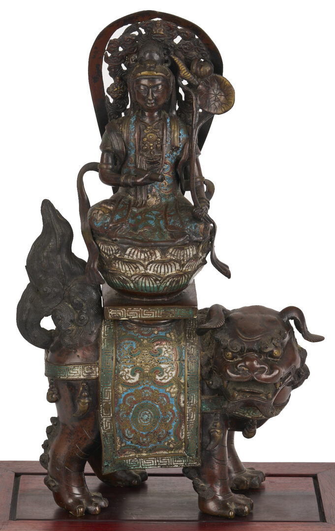 Lot 10: Chinese Bronze & Champleve Statue, Guanyin w/ Foo Dog & Carved Stand