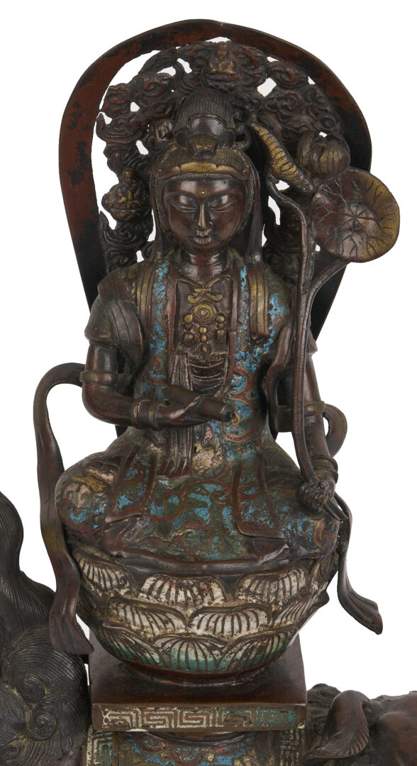 Lot 10: Chinese Bronze & Champleve Statue, Guanyin w/ Foo Dog & Carved Stand