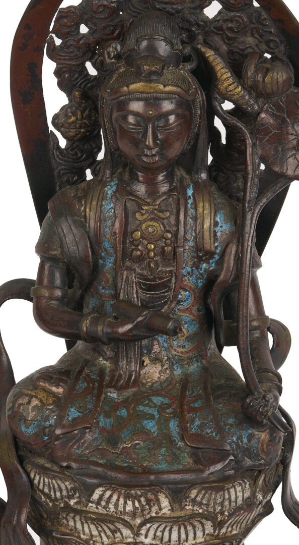 Lot 10: Chinese Bronze & Champleve Statue, Guanyin w/ Foo Dog & Carved Stand