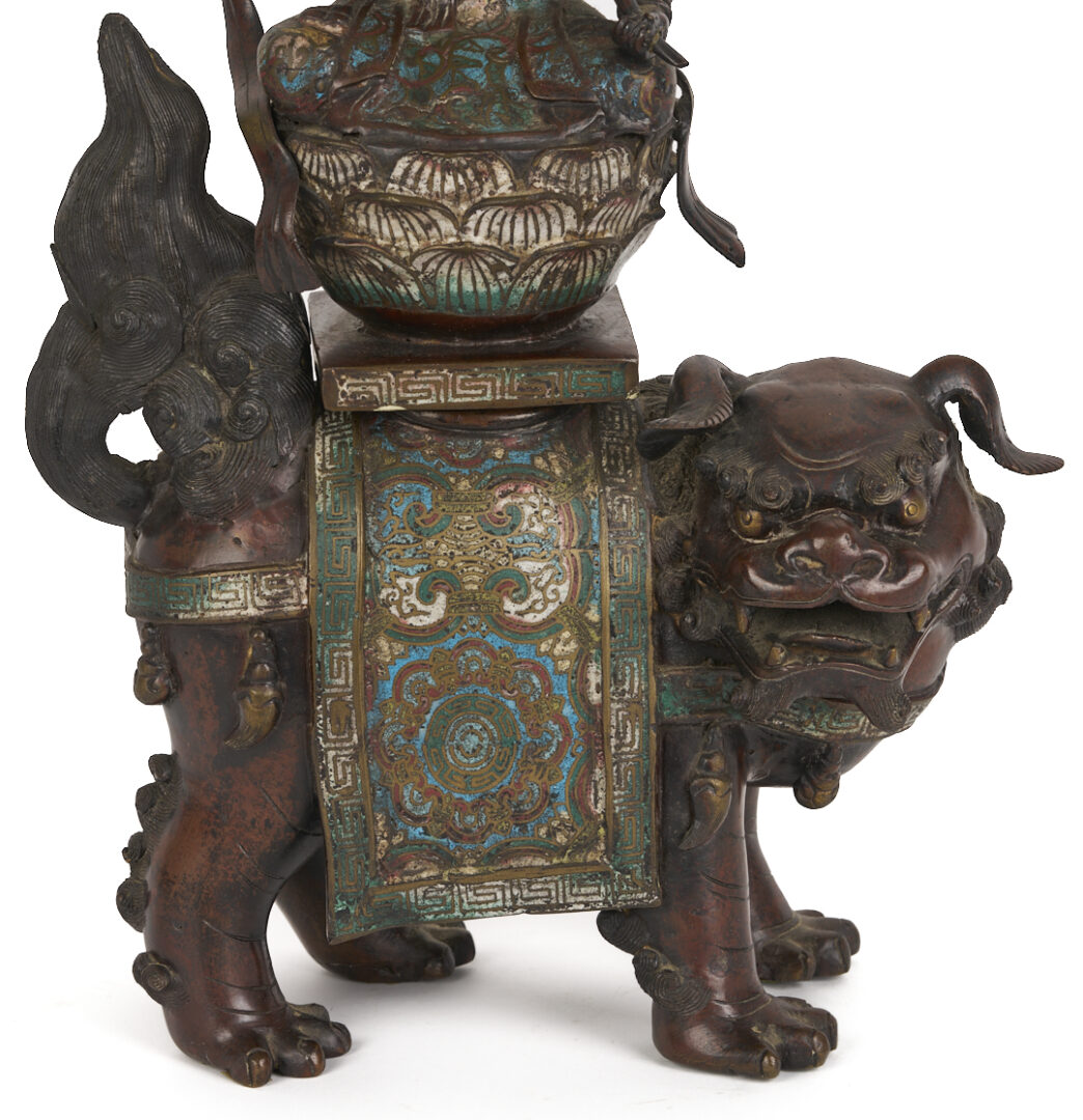 Lot 10: Chinese Bronze & Champleve Statue, Guanyin w/ Foo Dog & Carved Stand