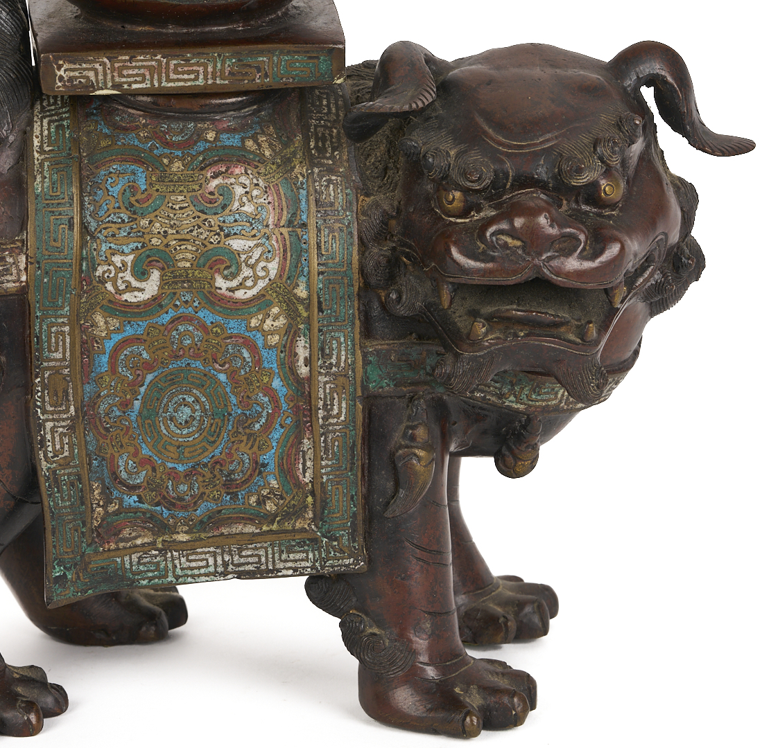 Lot 10: Chinese Bronze & Champleve Statue, Guanyin w/ Foo Dog & Carved Stand