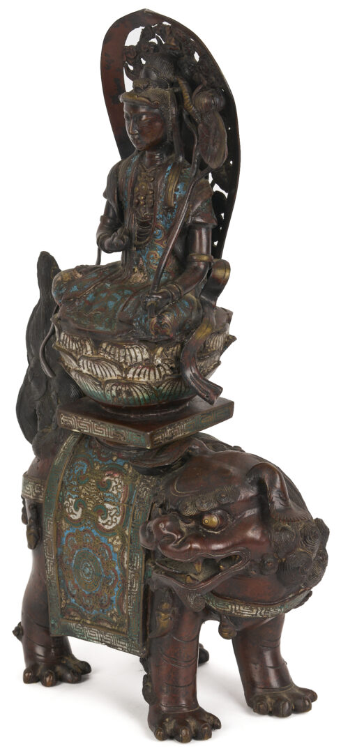 Lot 10: Chinese Bronze & Champleve Statue, Guanyin w/ Foo Dog & Carved Stand