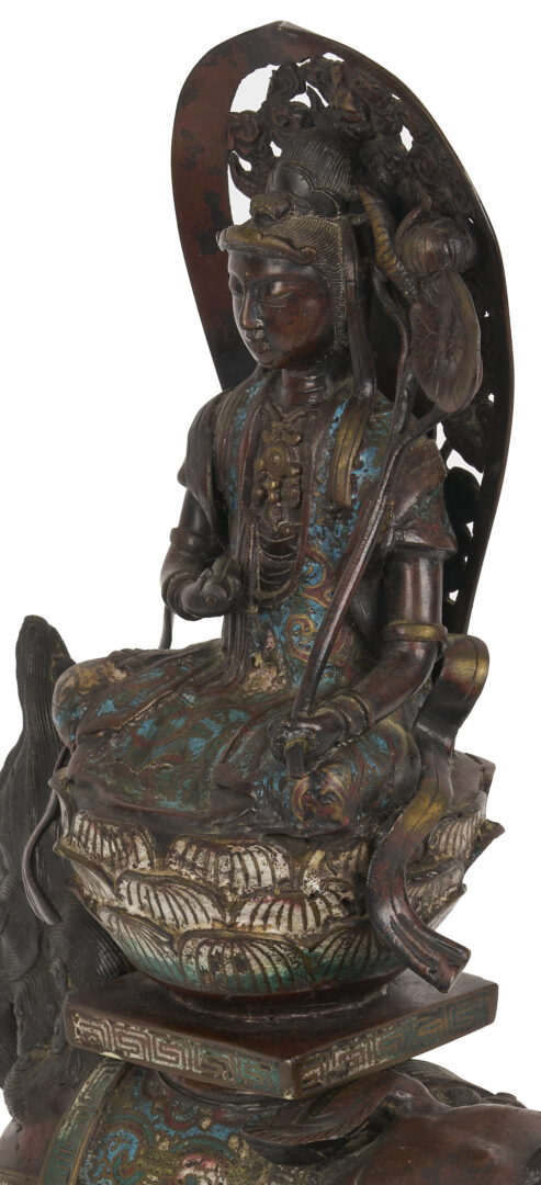 Lot 10: Chinese Bronze & Champleve Statue, Guanyin w/ Foo Dog & Carved Stand