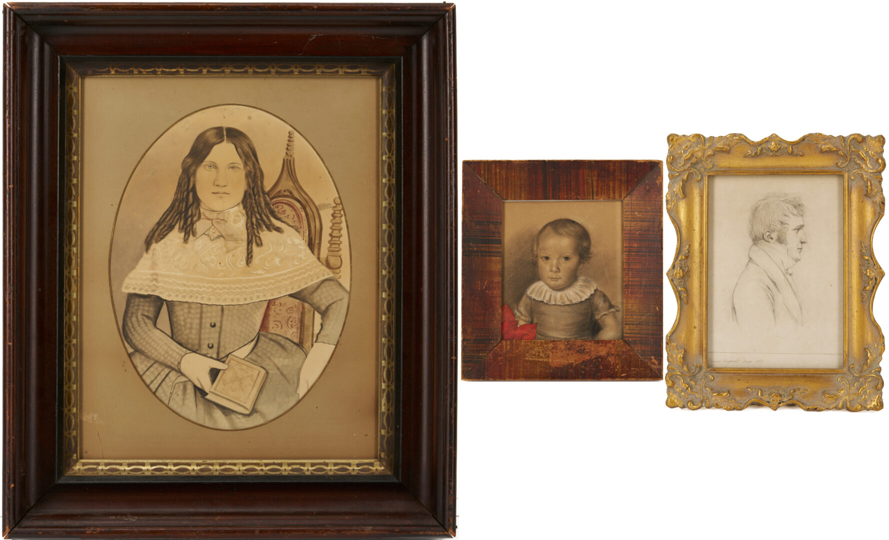 Lot 1103: 3 19th C. Framed Portraits Incl. Watercolor, Charcoal, and Stipple Engraving