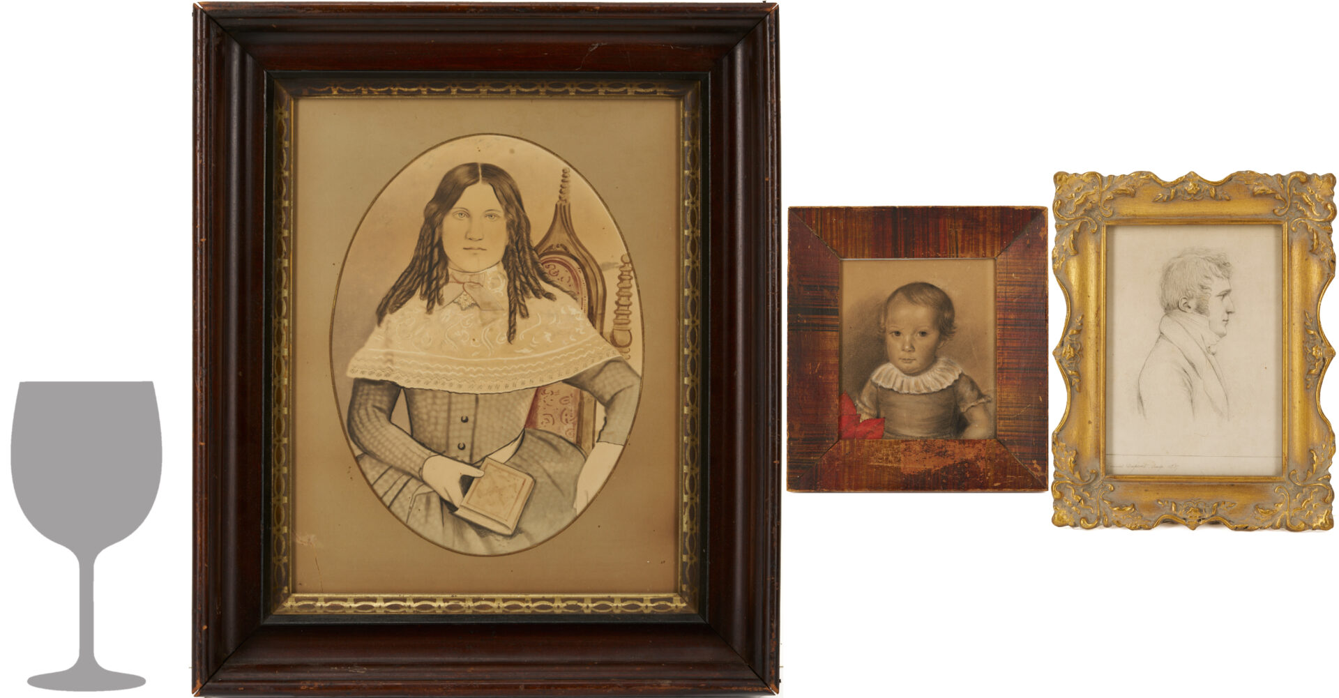 Lot 1103: 3 19th C. Framed Portraits Incl. Watercolor, Charcoal, and Stipple Engraving