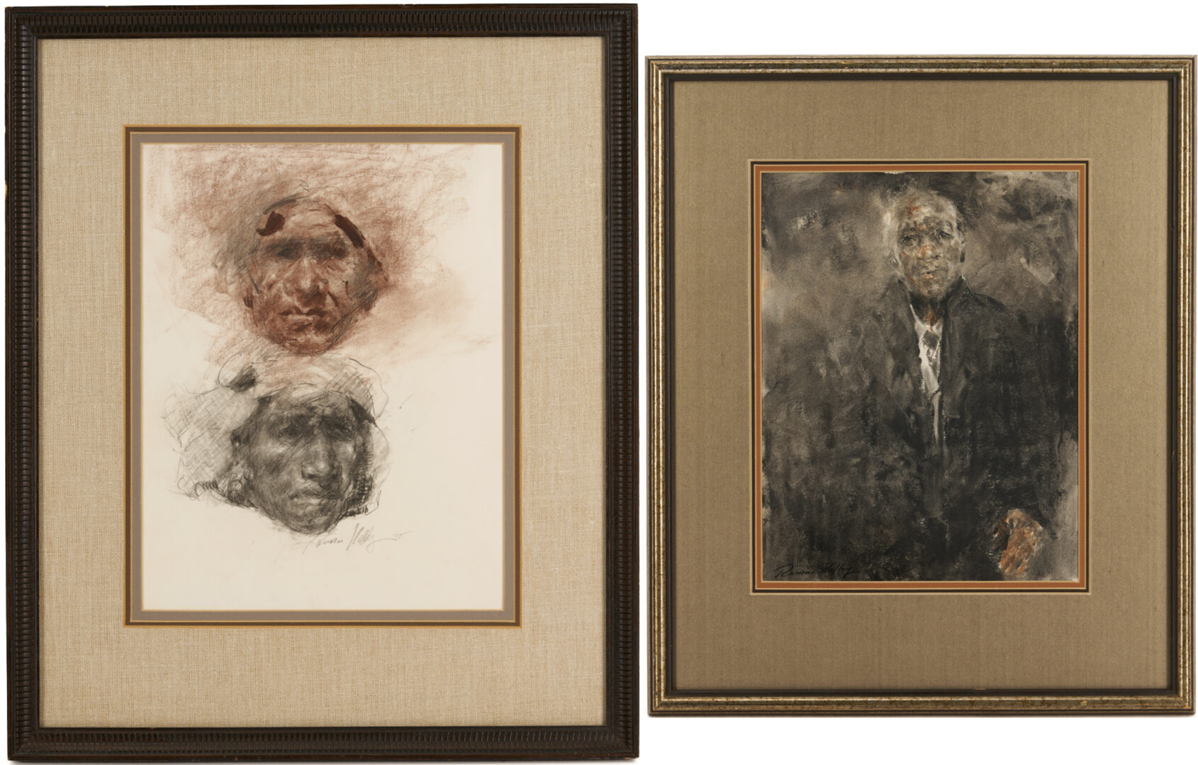 Lot 1105: 2 Ramon Kelley Conte Crayon Portrait Drawings