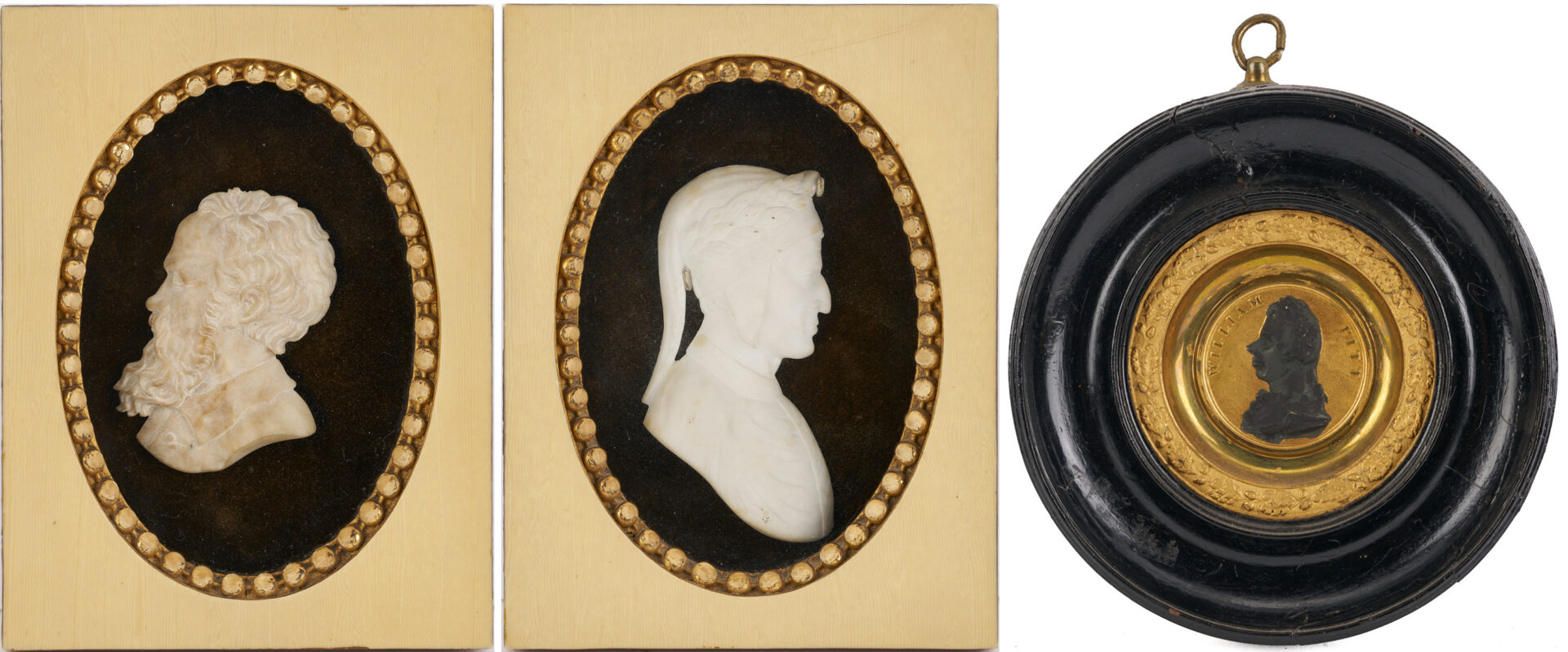 Lot 1119: Pr.  European Tour Alabaster Profile Carvings & William Pitt Medallion