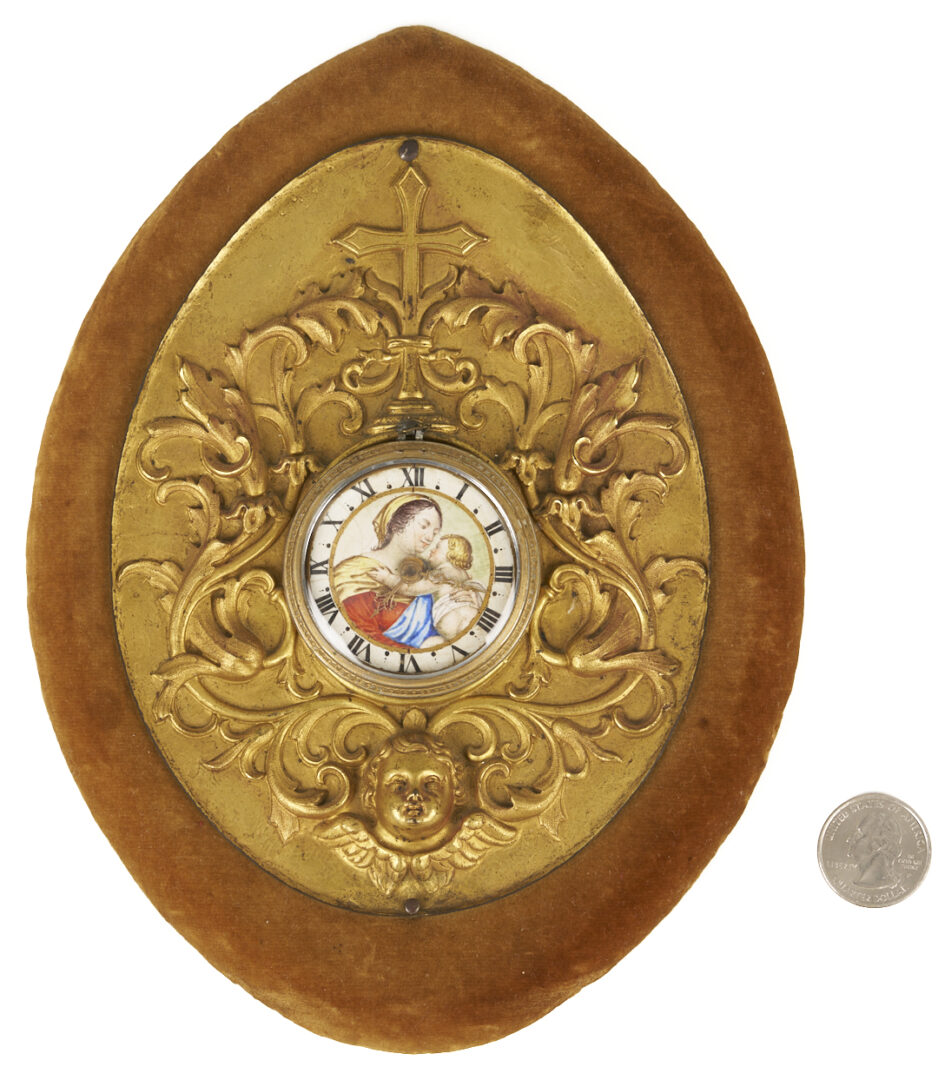 Lot 111: 18th C. Bronze & Enamel Clock, Madonna & Child