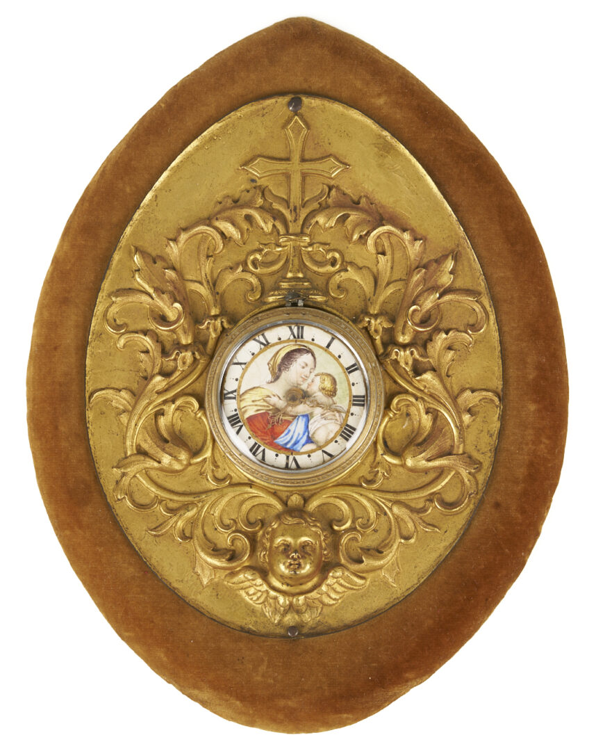 Lot 111: 18th C. Bronze & Enamel Clock, Madonna & Child