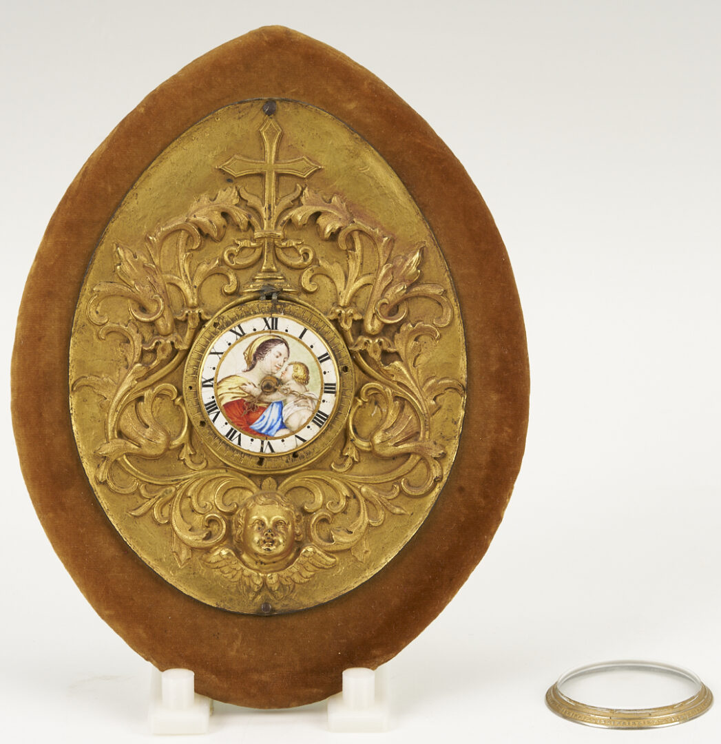 Lot 111: 18th C. Bronze & Enamel Clock, Madonna & Child