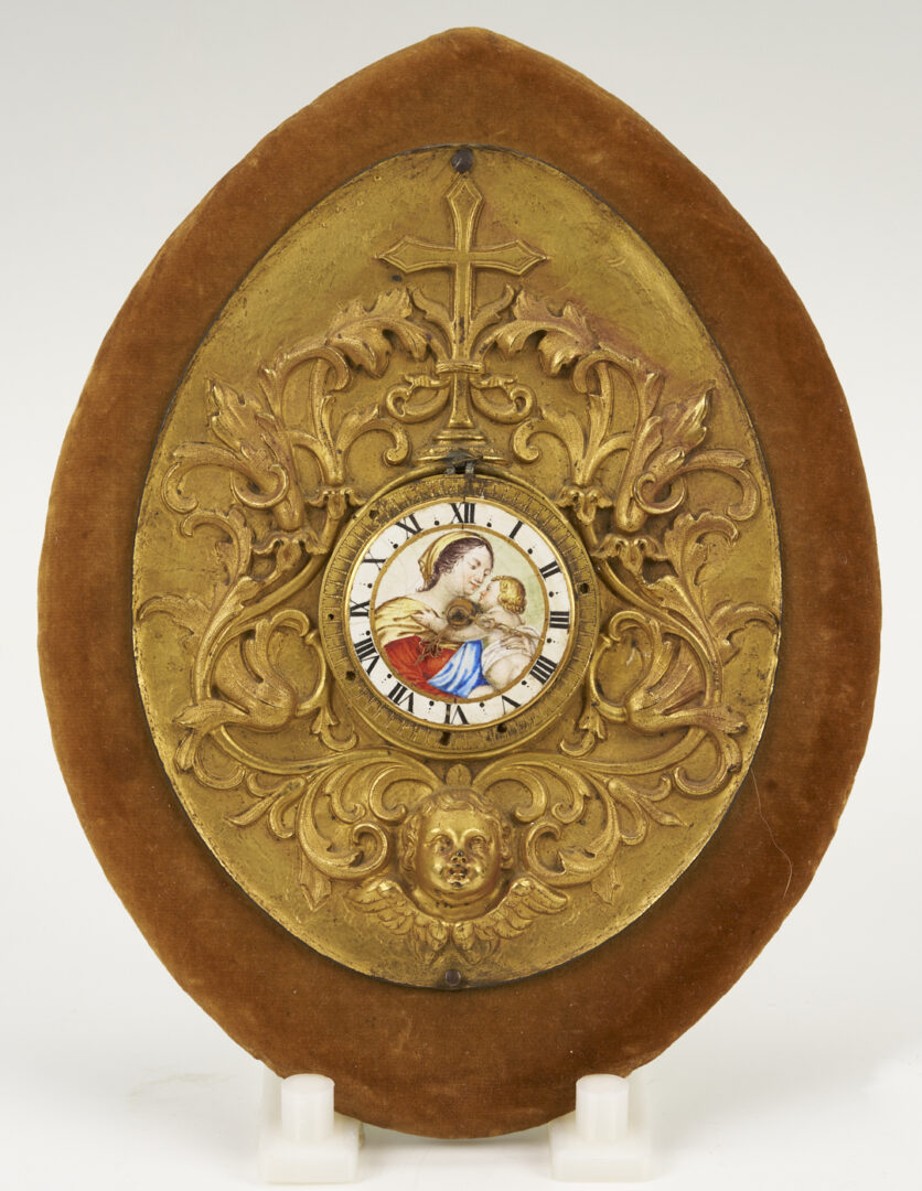 Lot 111: 18th C. Bronze & Enamel Clock, Madonna & Child