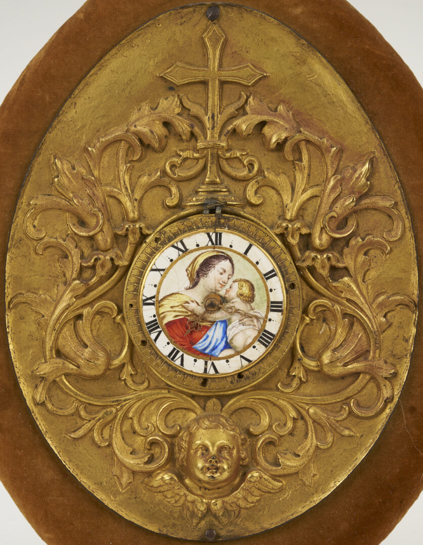 Lot 111: 18th C. Bronze & Enamel Clock, Madonna & Child