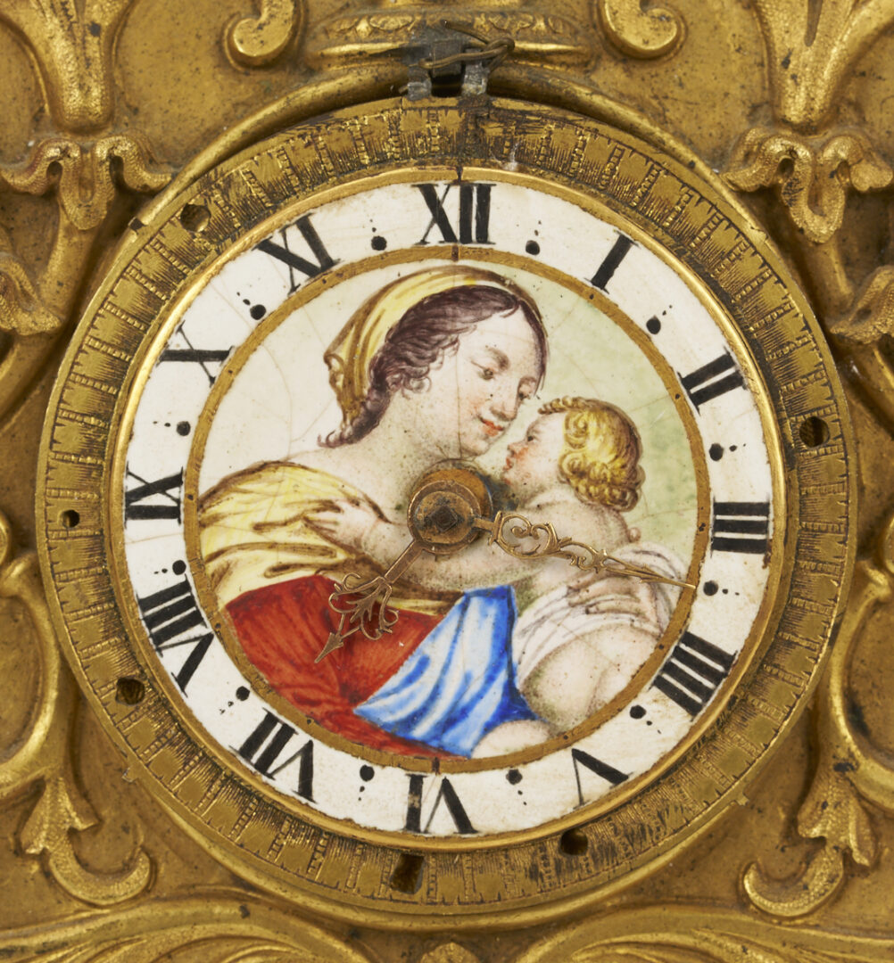 Lot 111: 18th C. Bronze & Enamel Clock, Madonna & Child