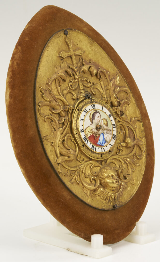 Lot 111: 18th C. Bronze & Enamel Clock, Madonna & Child