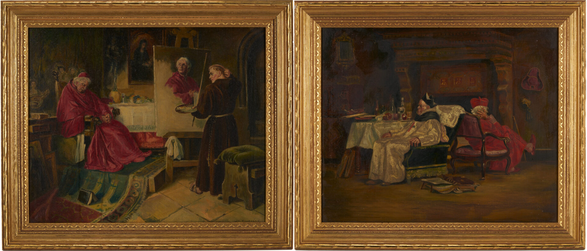 Lot 1121: 2 Satirical Religious Paintings After J. Georges Vibert and Toby Rosenthal