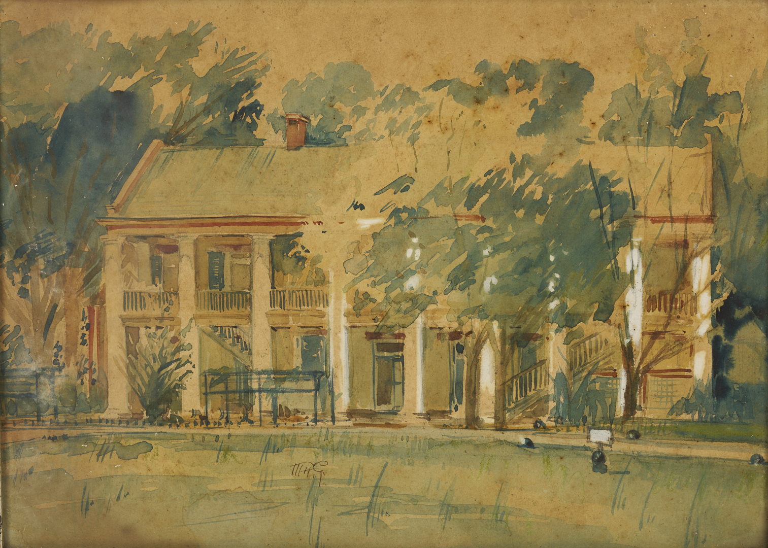Lot 1124: 2 Southern Paintings: Jackson Barracks and Burgess-Maschmeyer Mansion