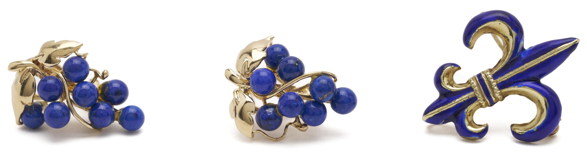 Lot 1130: 14K Gold & Lapis Cluster Earrings and Fleur de Lis Enameled Brooch
