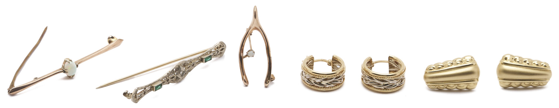 Lot 1138: 3 Gold Brooches & 2 Gold Earring Pairs