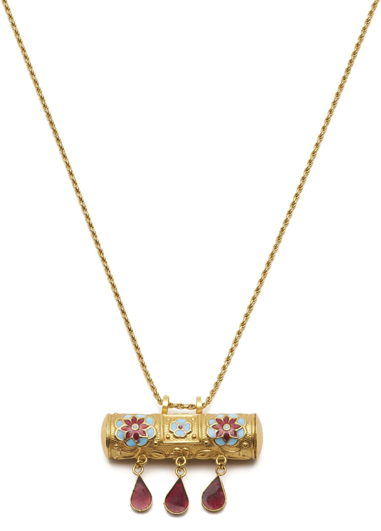 Lot 1149: 14K Gold Rope Chain Necklace with Gold & Enamel Pendant