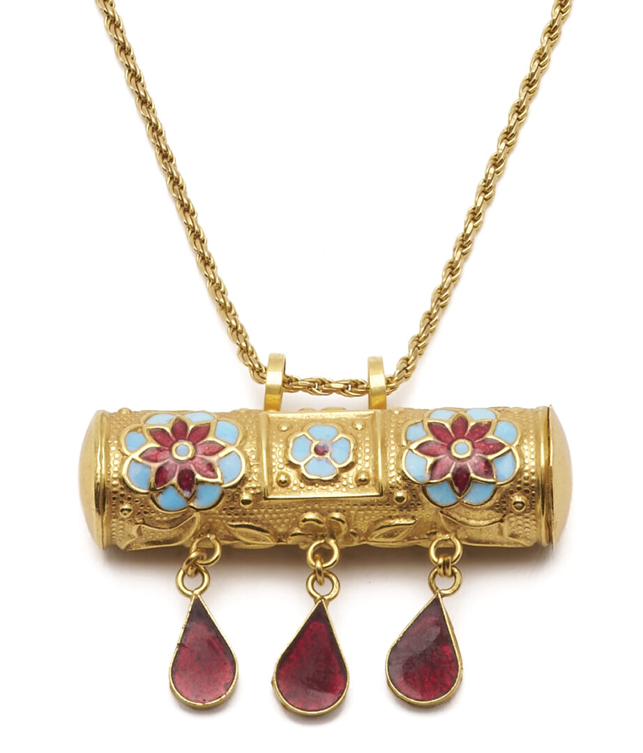 Lot 1149: 14K Gold Rope Chain Necklace with Gold & Enamel Pendant