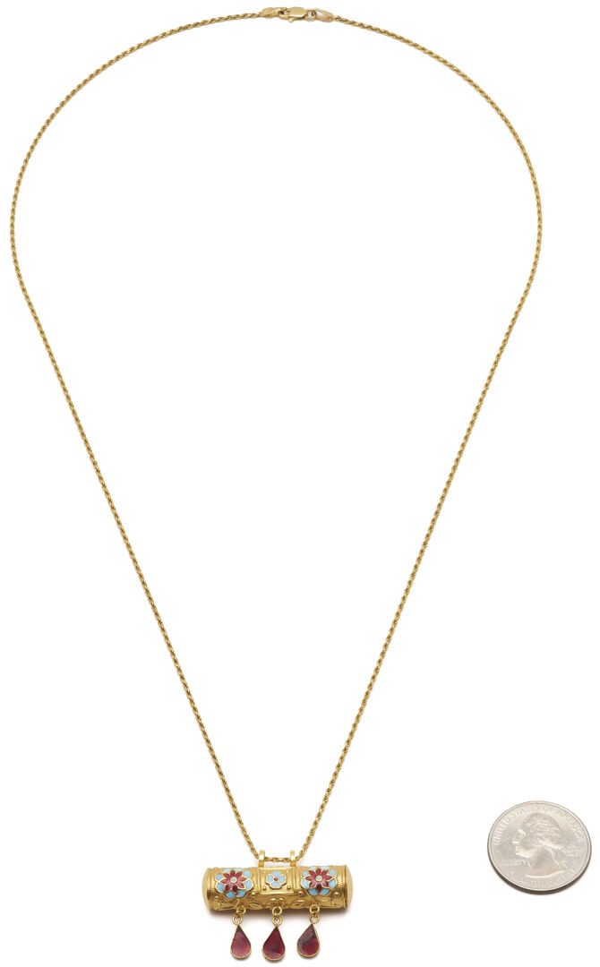 Lot 1149: 14K Gold Rope Chain Necklace with Gold & Enamel Pendant