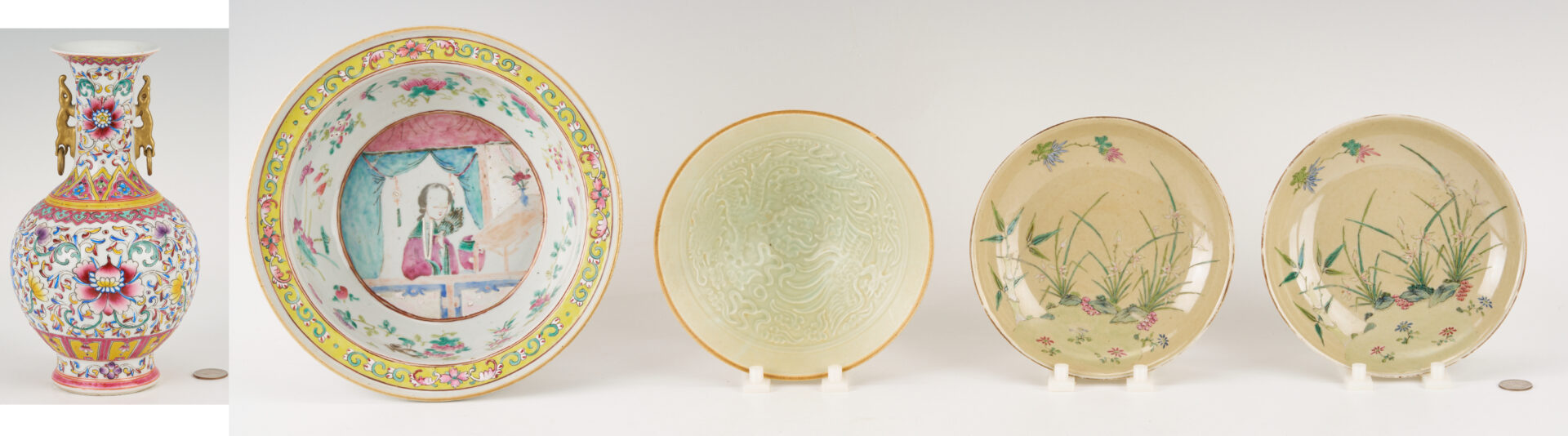 Lot 1163: Chinese Famille Rose Double Eared Vase and 4 Asian Porcelain Items