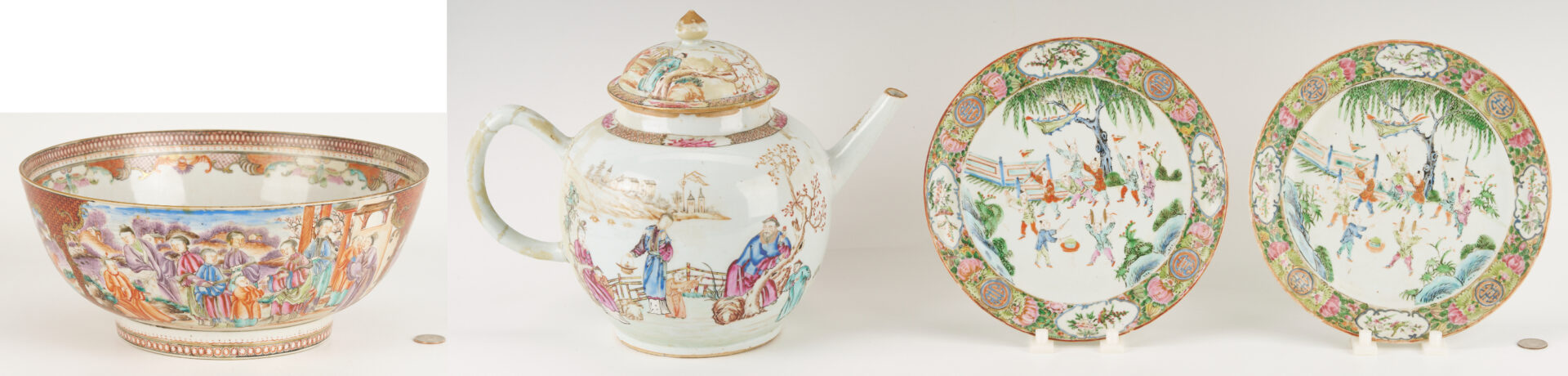 Lot 1164: Chinese Export Porcelain Punch Bowl, Teapot and 2 Plates