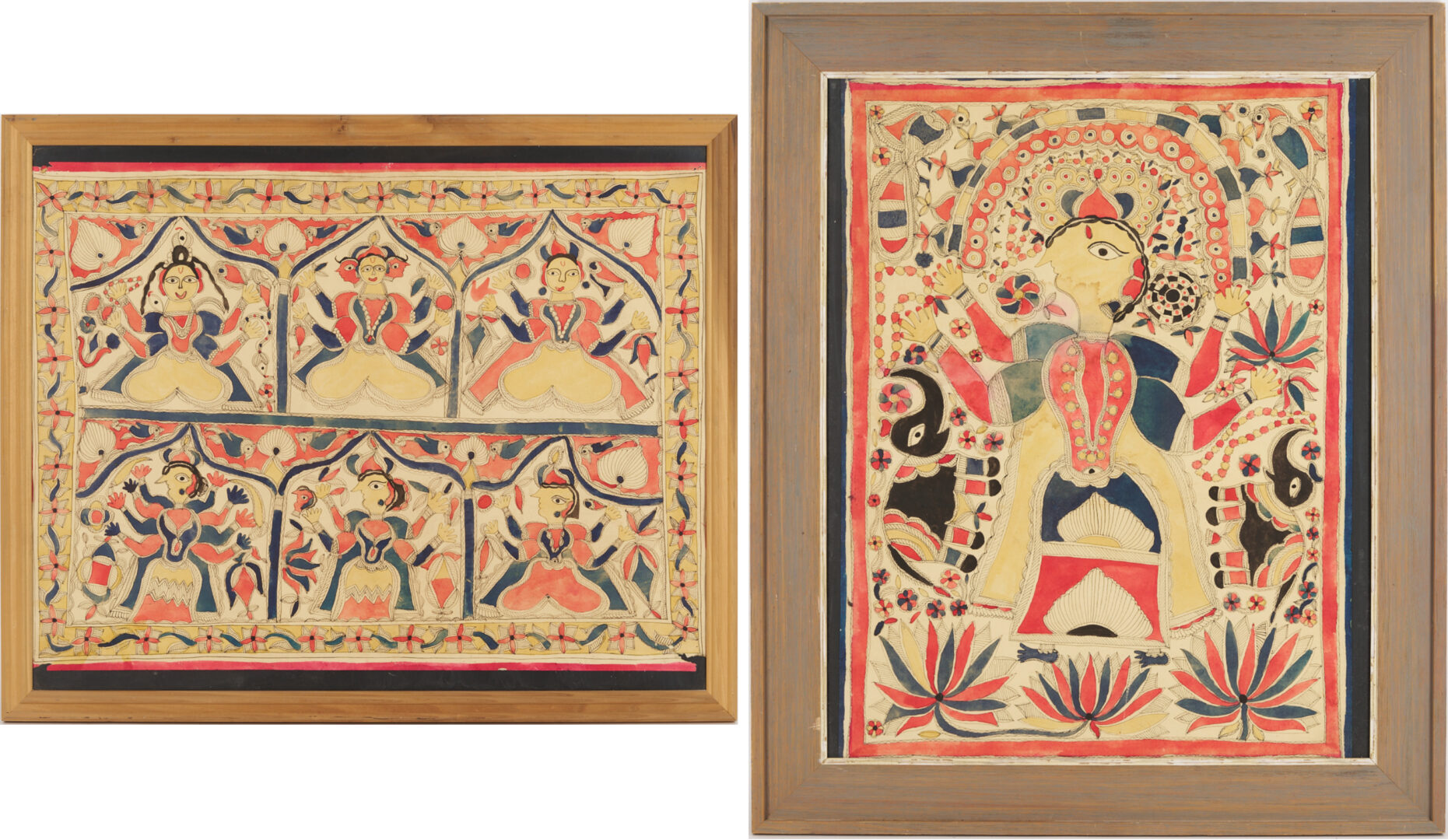 Lot 1187: 2 Madhubani Ink & Watercolor Paintings, Devi Durga