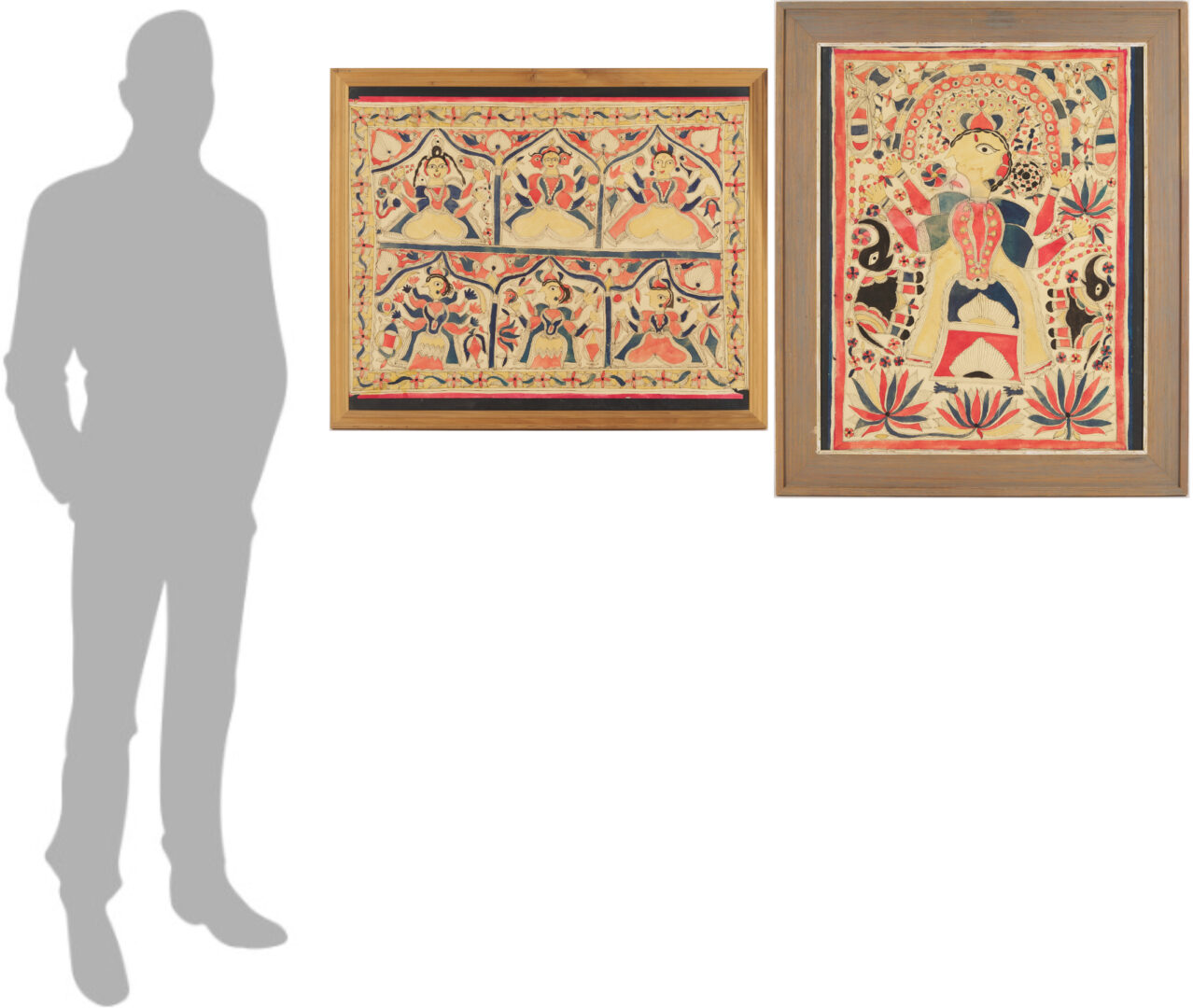 Lot 1187: 2 Madhubani Ink & Watercolor Paintings, Devi Durga