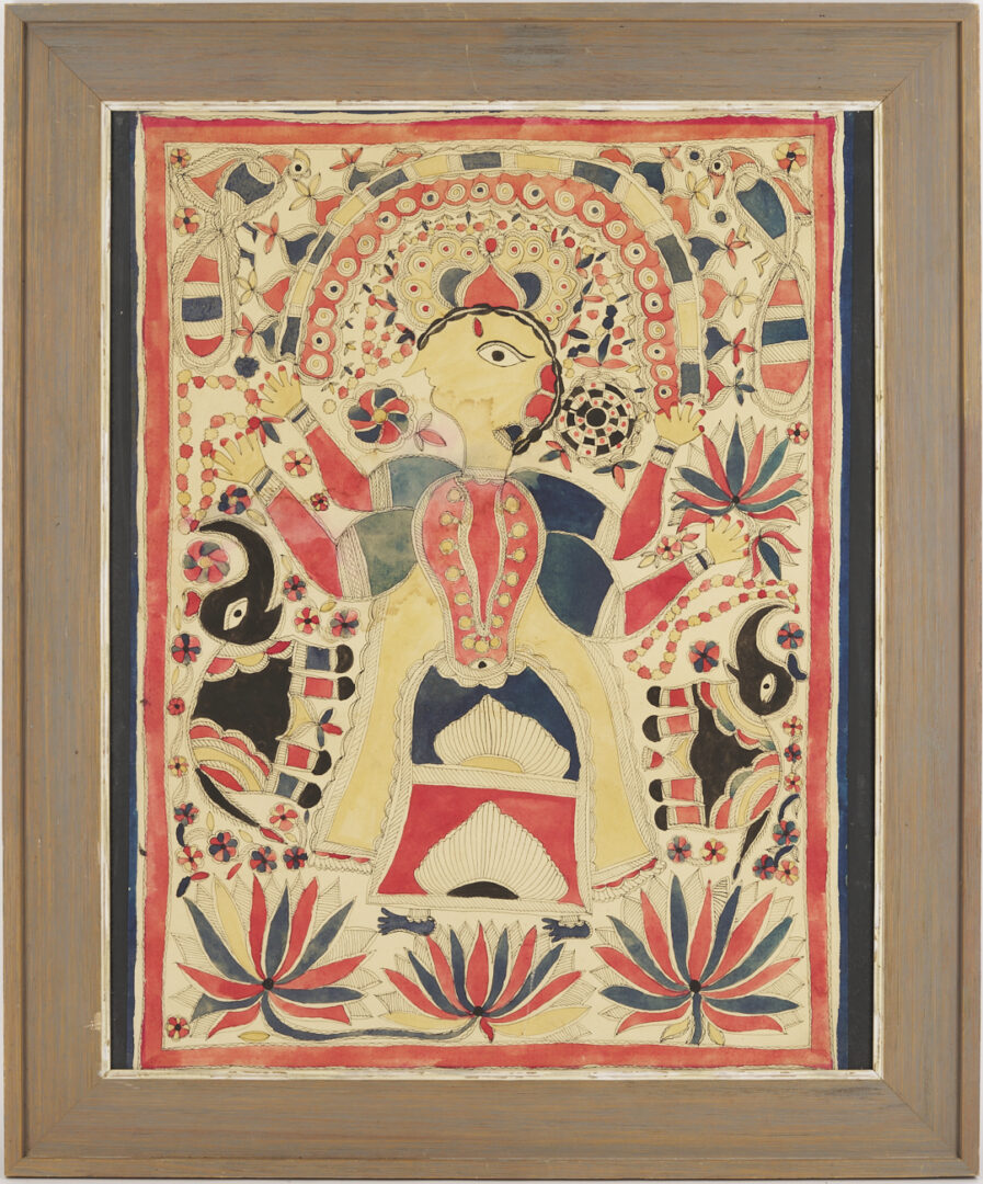 Lot 1187: 2 Madhubani Ink & Watercolor Paintings, Devi Durga
