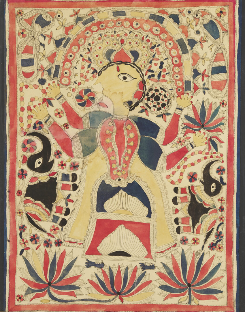 Lot 1187: 2 Madhubani Ink & Watercolor Paintings, Devi Durga