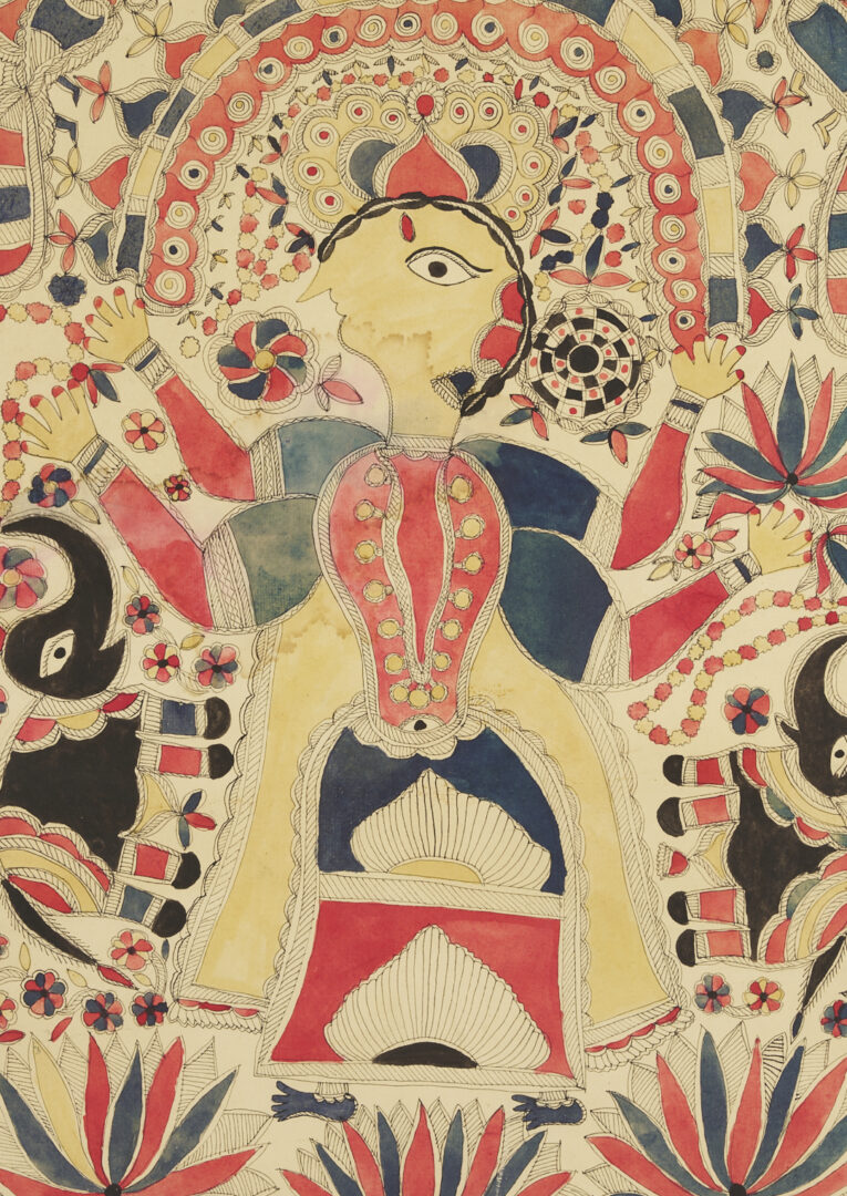 Lot 1187: 2 Madhubani Ink & Watercolor Paintings, Devi Durga