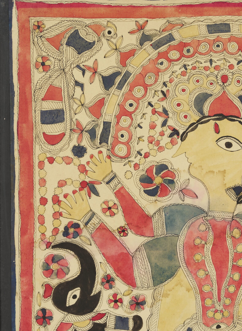 Lot 1187: 2 Madhubani Ink & Watercolor Paintings, Devi Durga