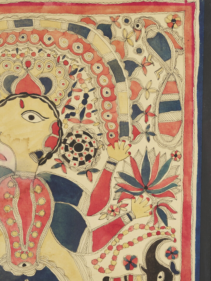 Lot 1187: 2 Madhubani Ink & Watercolor Paintings, Devi Durga