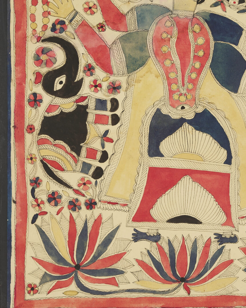 Lot 1187: 2 Madhubani Ink & Watercolor Paintings, Devi Durga