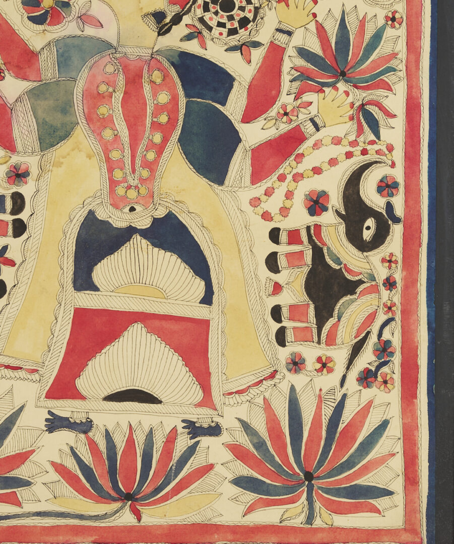 Lot 1187: 2 Madhubani Ink & Watercolor Paintings, Devi Durga