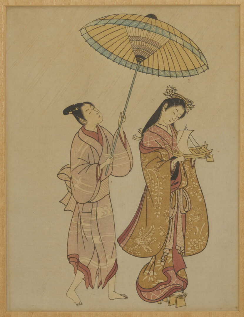 Lot 1192: 2 Japanese Bijin-ga Woodblock Prints After Harunobu & Toyonobu or Kiyomitsu