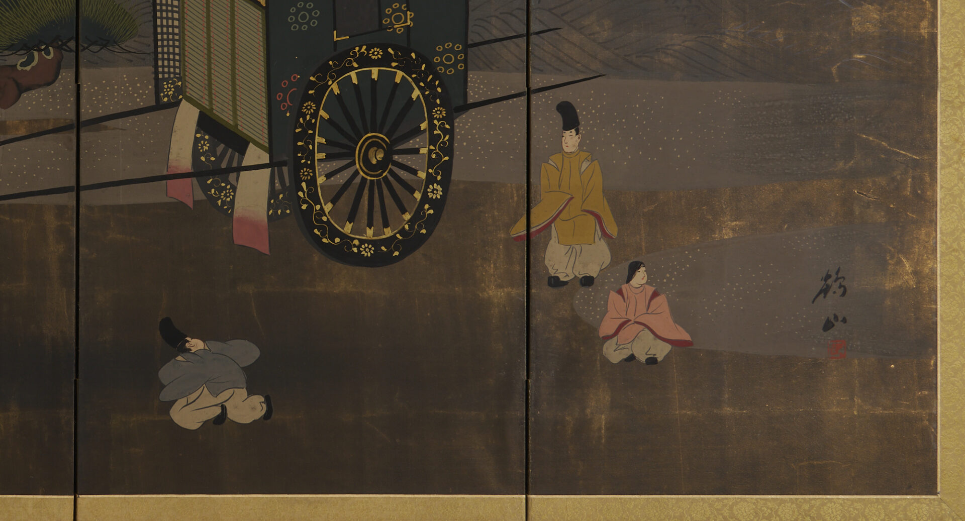 Lot 1193: Japanese Painted Screen, Landscape w/ Rikshaw & Figures