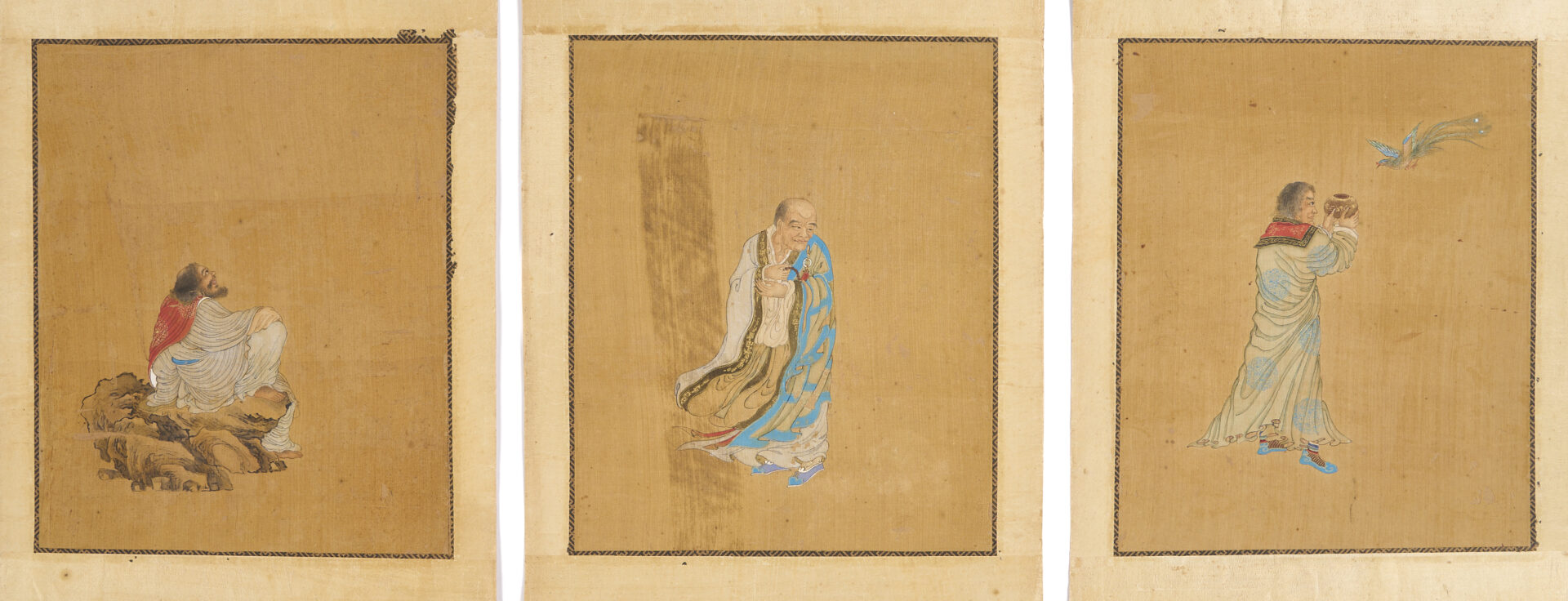 Lot 1195: Three Chinese Figural Watercolor Paintings on Silk, 19th c.