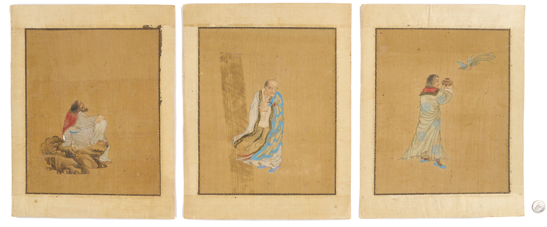 Lot 1195: Three Chinese Figural Watercolor Paintings on Silk, 19th c.