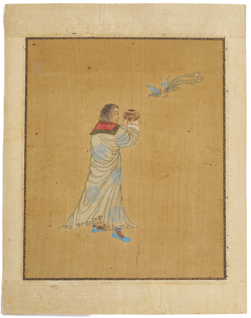 Lot 1195: Three Chinese Figural Watercolor Paintings on Silk, 19th c.