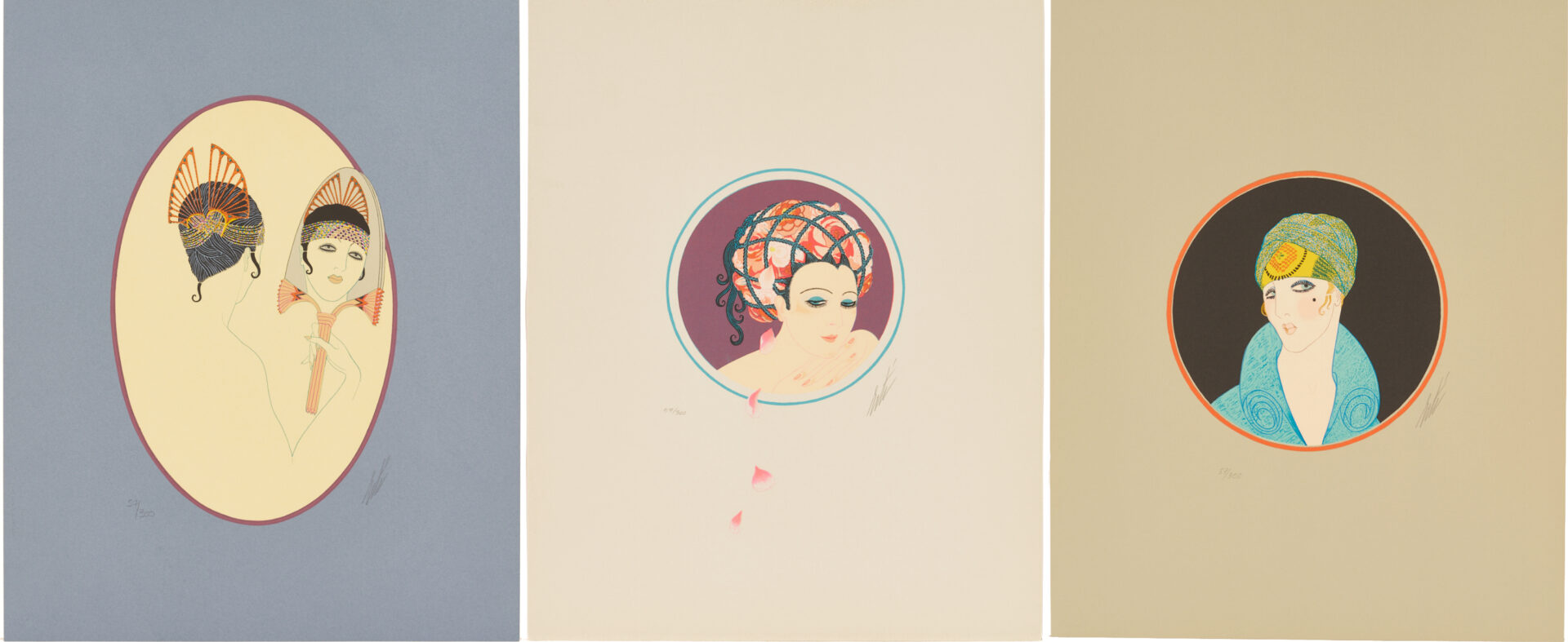 Lot 1200: 3 Signed Erte Lithographs, The Turban Suite Incl. The Mirror, Rose Turban, & Yellow Turban