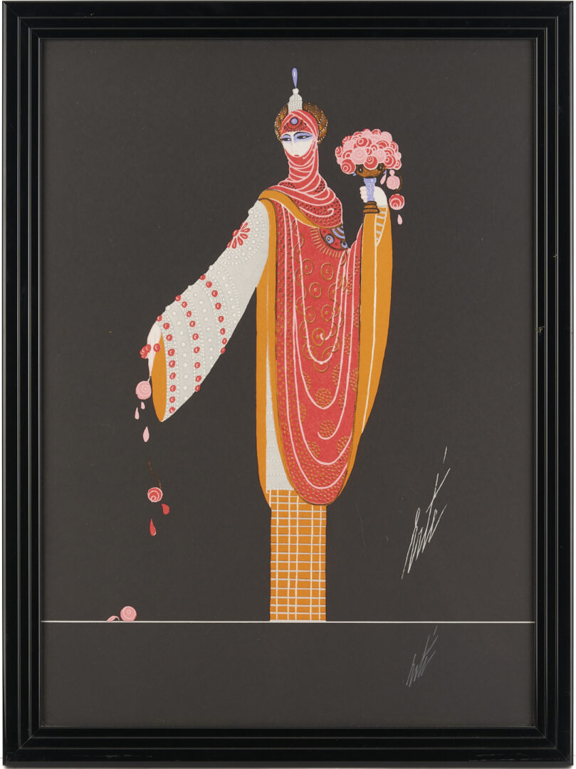 Lot 1201: Erte Signed Art Deco Serigraph, Lady w/ Flowers