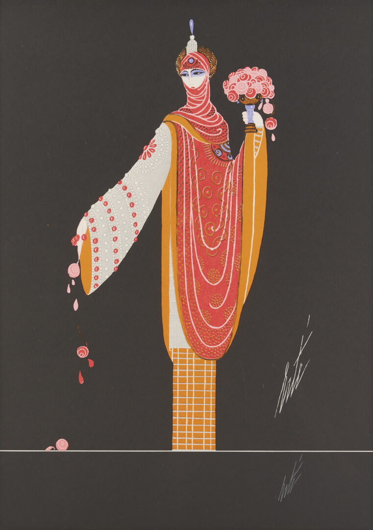 Lot 1201: Erte Signed Art Deco Serigraph, Lady w/ Flowers