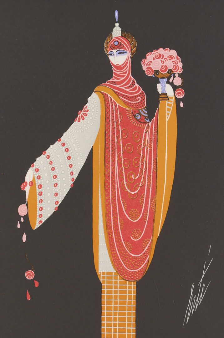 Lot 1201: Erte Signed Art Deco Serigraph, Lady w/ Flowers