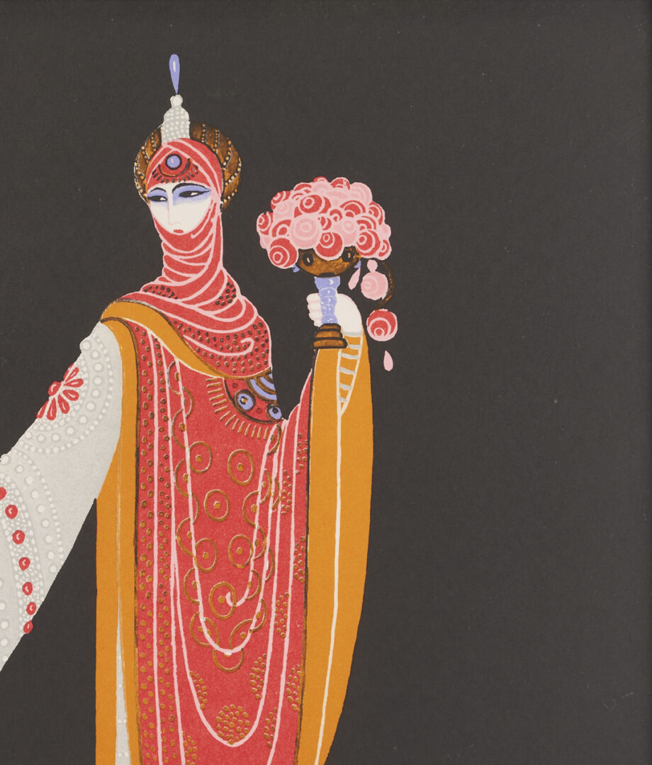 Lot 1201: Erte Signed Art Deco Serigraph, Lady w/ Flowers