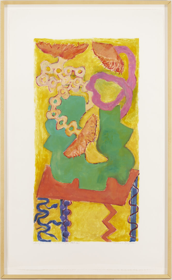 Lot 1212: Kalani Engles Monotype, Sunflowers on an Orange Table